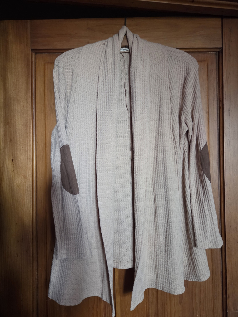 Open Front Cream Waffle Knit Cardigan with Brown Elbow Patches